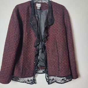 Chicos 2 Black‎ Red Tweed Sequin Lace Trim Collarless Open Jacket Blazer MED